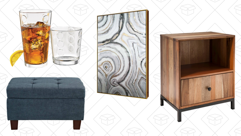 12-pc. Dot Pattern Tumbler Set, $14 | Felton Tufted Small Storage Ottoman, $150 | Geode Framed High Gloss Canvas, $65 | Asmara Nightstand, $150